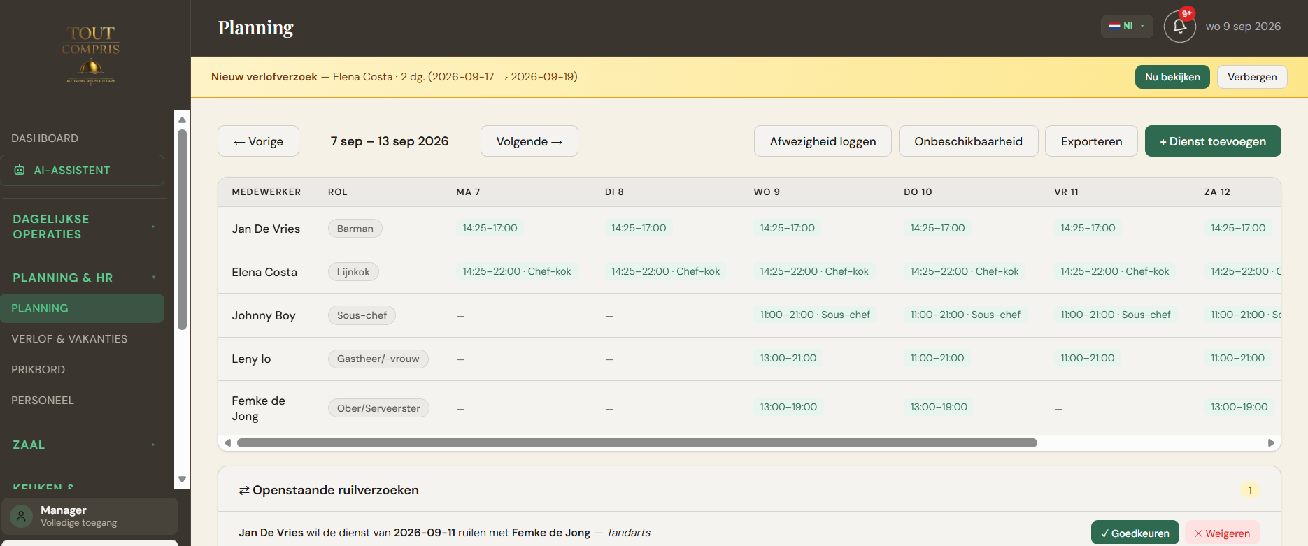 Het weekrooster van Tout Compris op een laptop, in het Nederlands: diensten per medewerker per dag, een nieuw verlofverzoek bovenaan en een openstaand ruilverzoek eronder