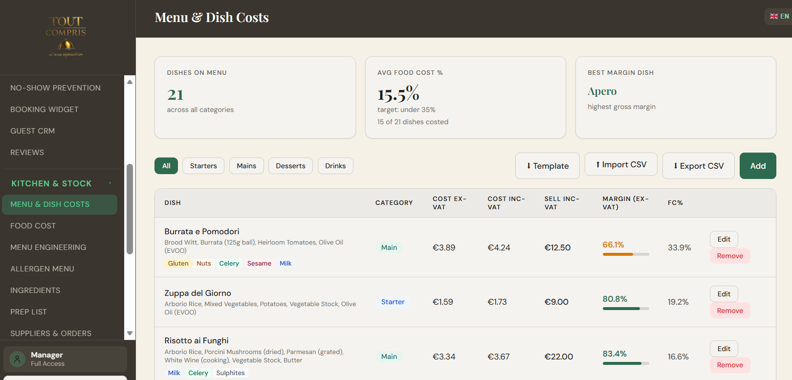Dish costing — live margins and food-cost % for every dish on the menu.