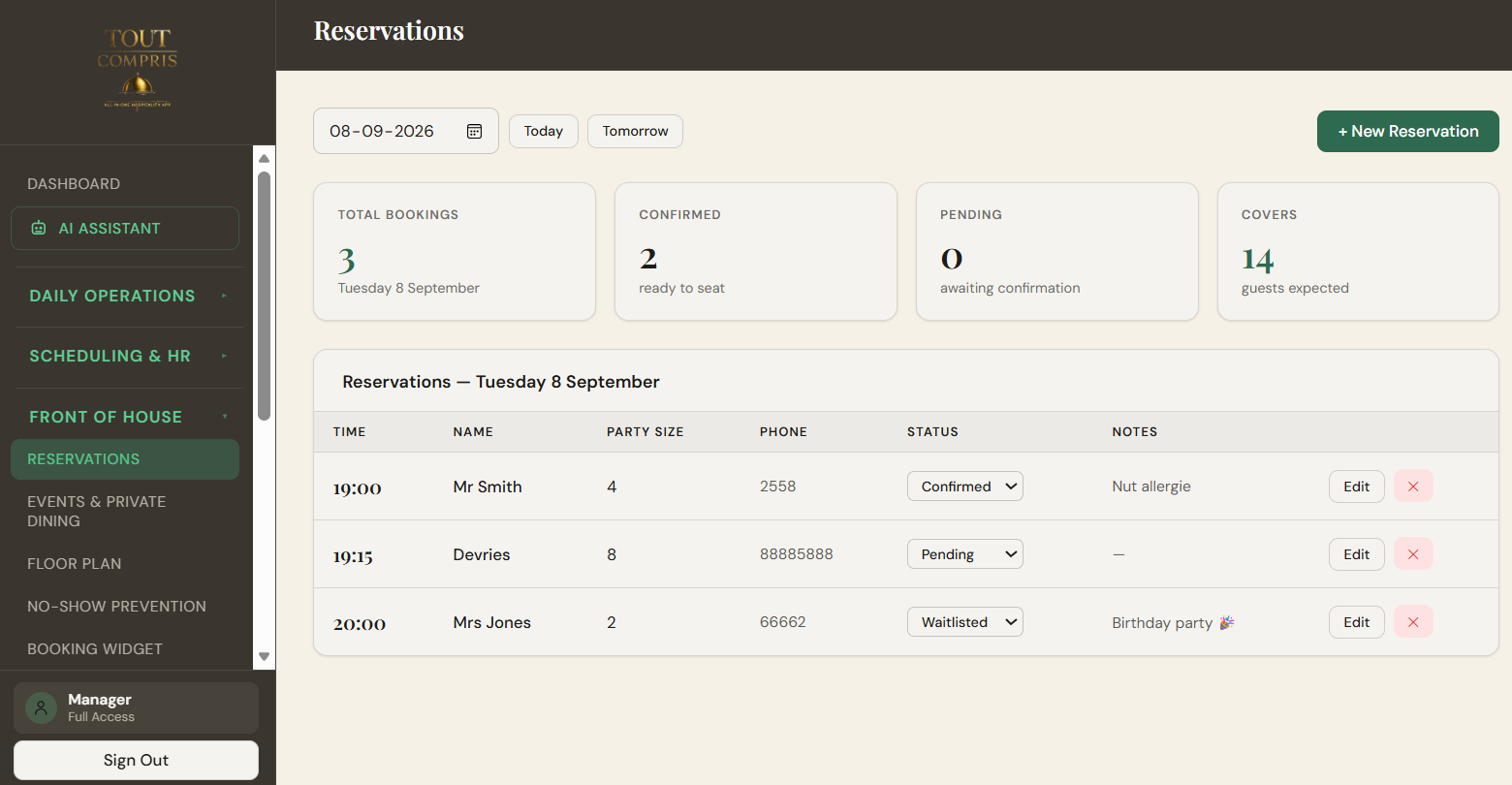 Reservations — tonight's bookings, allergy notes and covers at a glance.